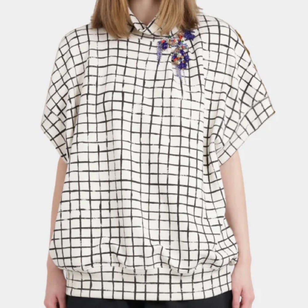 Dries Van Noten Halovara Grid Print Blouse Sweatshirt with Rhinestone Details - Picture 12 of 15